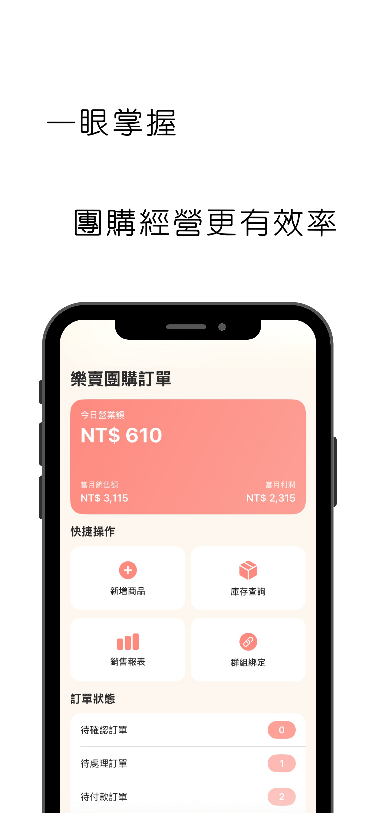 功能預覽 1 - 一眼掌握團購經營更有效率